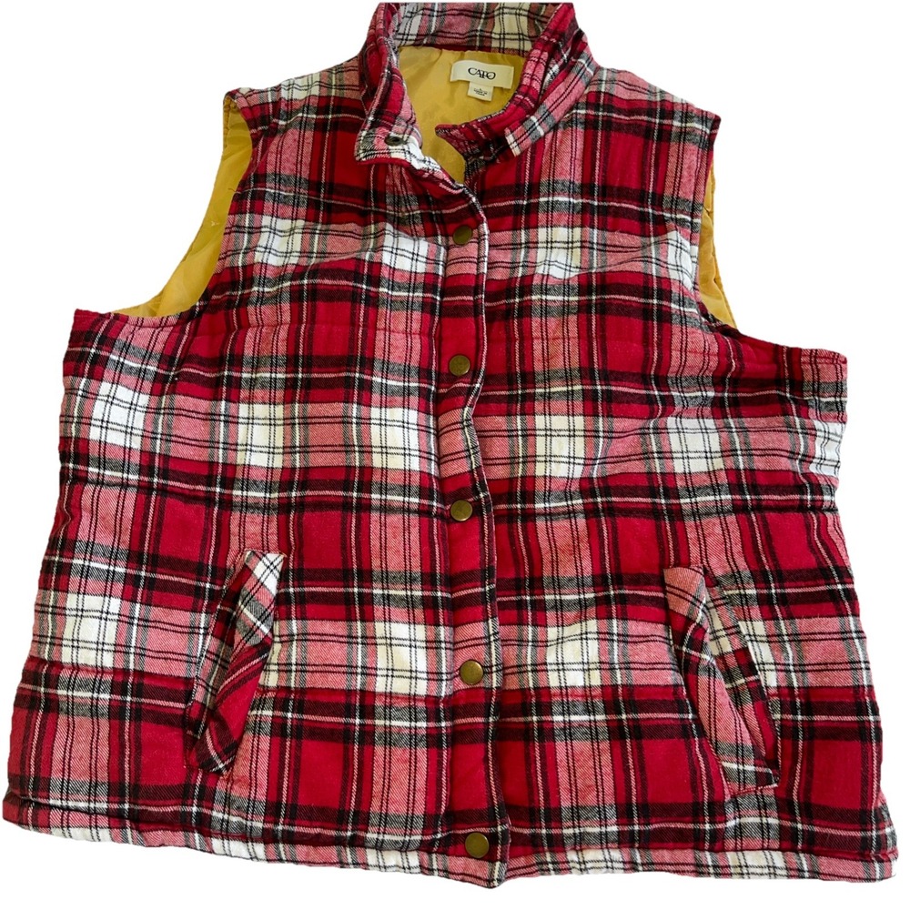 Cato Woman's‎ Puffy Vest Red Plaid Snap 100% Cotton Lined  Collar Size L
